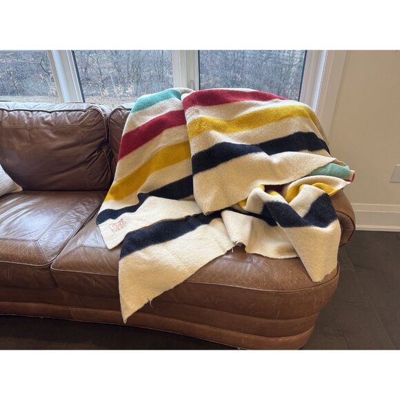 Vintage Hudson Bay HBC 4 Point Stripes Large Wool Blanket Throw Made in England - Picture 9 of 16